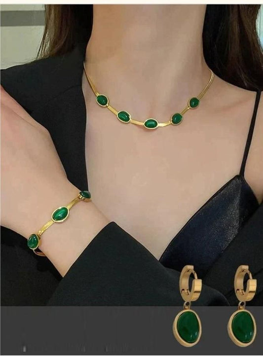 Oval Green Crystal Jewellery Set for Women
